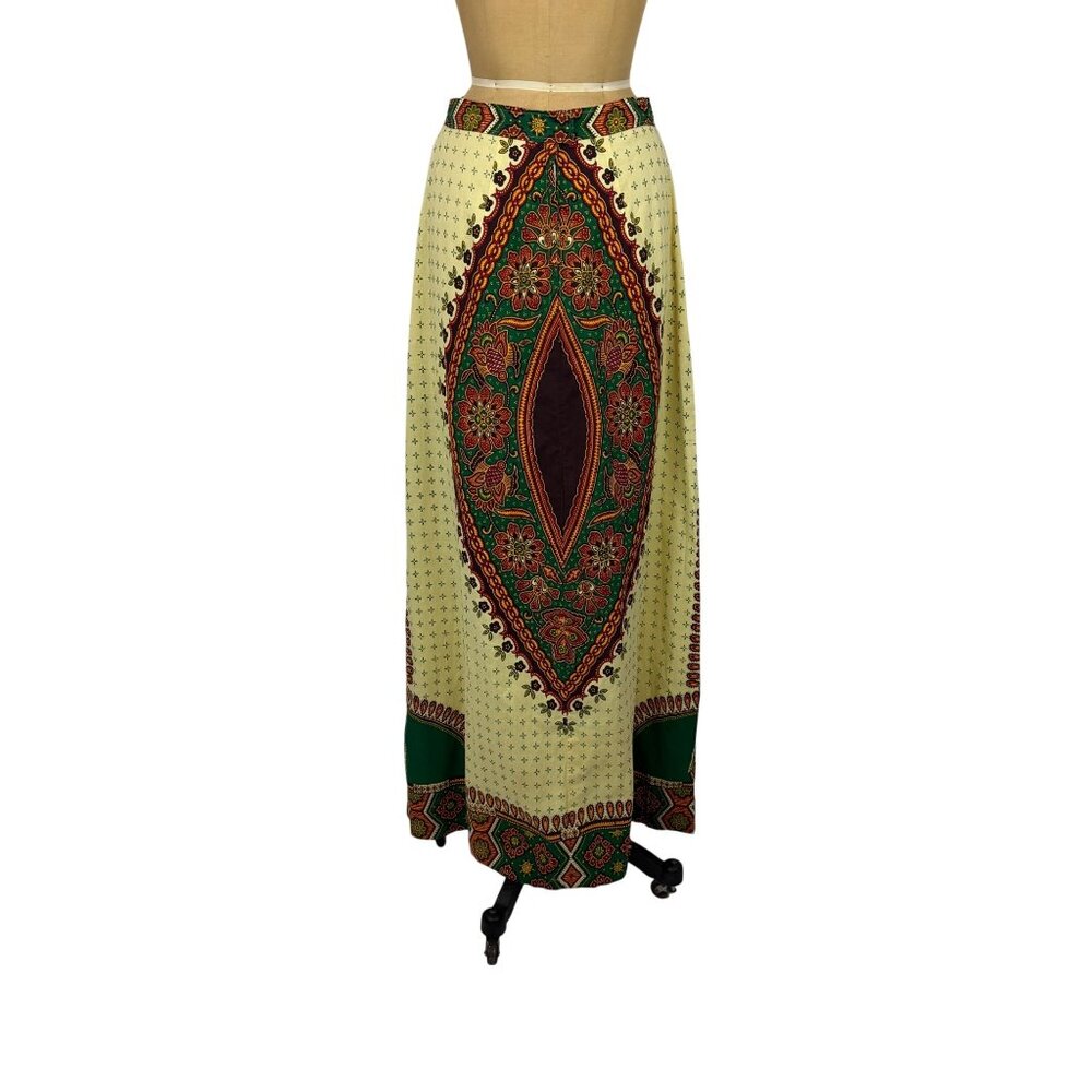 Vintage 70s Ethnic Skirt Womens M Medallion Cotton Print Maxi Hippie Boho Flamen - Picture 1 of 10